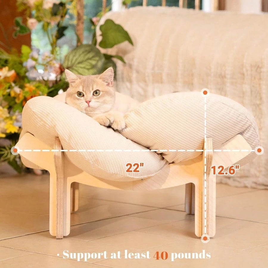 Elevated Cat Bed Wooden With Cushion Fluffy Pet Couch Sofa For Indoor Cats Raised Kitty Lounge Chair Suitable For Puppy Cat Furniture Large