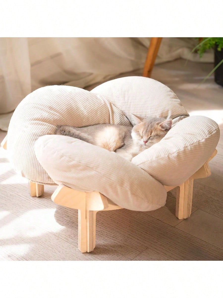 Elevated Cat Bed Wooden With Cushion Fluffy Pet Couch Sofa For Indoor Cats Raised Kitty Lounge Chair Suitable For Puppy Cat Furniture Large